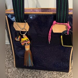 Consuela Blue and Tan Tote Bag with Playful Charms